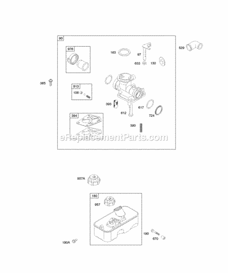 Carburetor Fuel Supply Diagram and Parts List for 09D902-2001-E1  Briggs and Stratton Engine